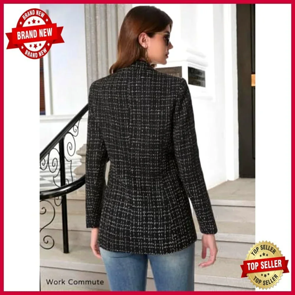 Women's Tweed Plaid Blazer Jacket Fully Lined Business Casual Coat